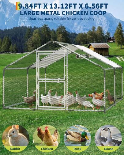 Gallinero Metálico Grande 3x4x2 m, Jaula para 20-30 Gallinas con Techo Espiral Impermeable y Anti-UV, Jaula Reforzada para Exterior, Patio o Granja