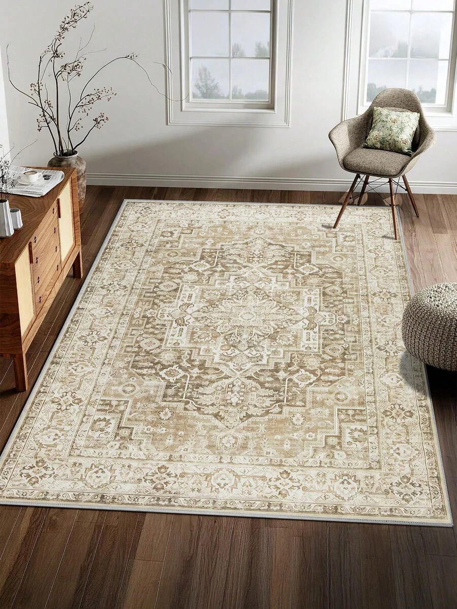 1pc Bohemian Style Beige Area Rug, Machine Washable Faux Wool, 1160 G/㎡, Suitable For Living Room, Bedroom, Kitchen, Office, Entryway
