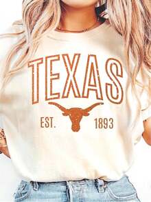 Texas Shirt, Vintage Glitter Effect Texas Tee, Burnt Orange Game Day Shirt, Longhorn Aesthetic Gift, Texas Football T-Shirt.  Funny Graphic Tshirts For Men Women Round Neck Loose Casual Tees - 白色 - 查看 1