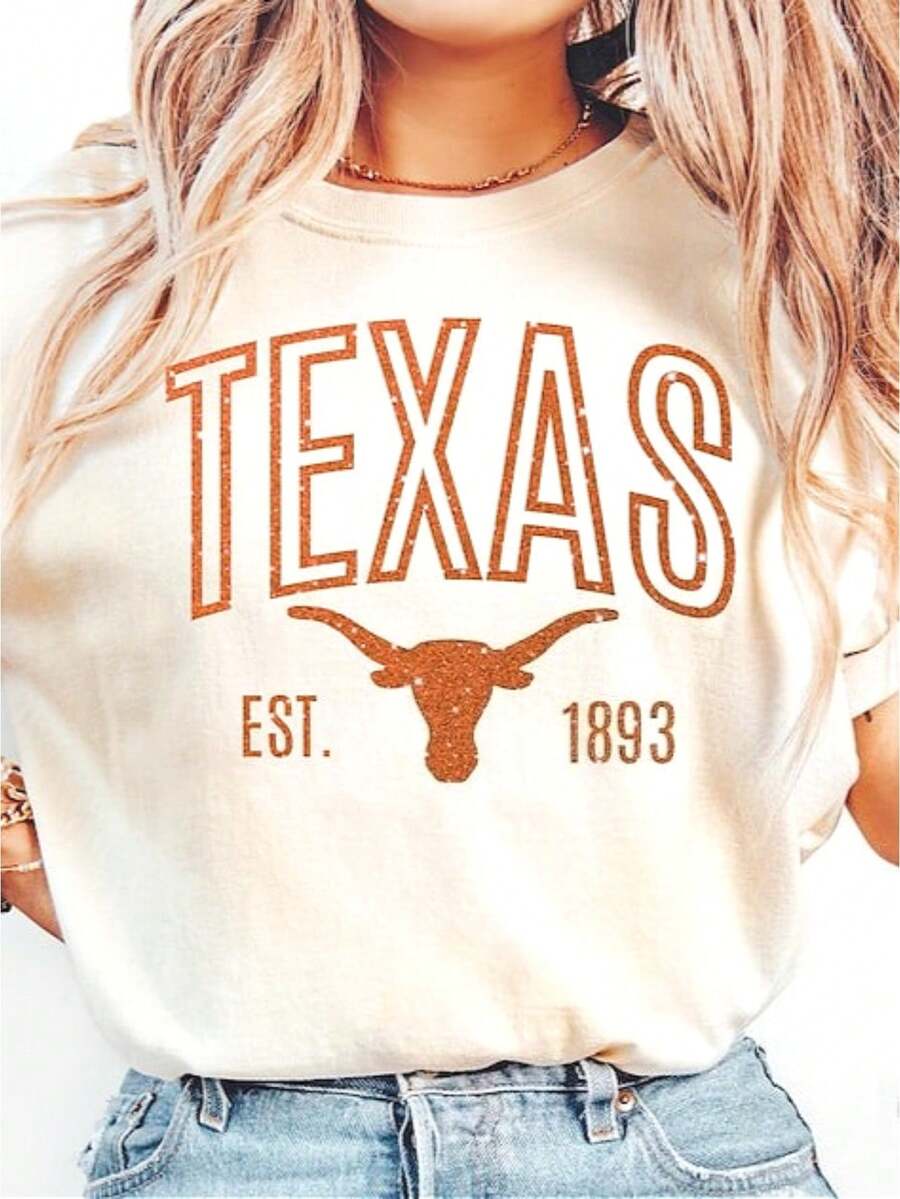 Texas Shirt, Vintage Glitter Effect Texas Tee, Burnt Orange Game Day Shirt, Longhorn Aesthetic Gift, Texas Football T-Shirt. Funny Graphic Tshirts For Men Women Round Neck Loose Casual Tees - 白色 - 查看 1