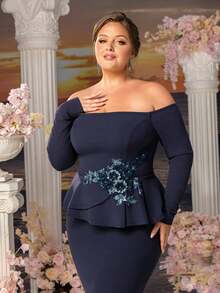 Faeriesty Große Größen Abendkleid für Damen, Off-Shoulder, mit floralen Applikationen, Rüschen an der Taille und Meerjungfrauensilhouette, geeignet für formelle Abendessen, Hochzeitsempfänge, Galaabende, Preisverleihungen und festliche Anlässe, Valentinstag - marineblau - Übersicht 8