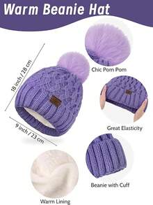 URATOT Women Winter Beanie Hat Scarf Gloves Ear Warmer 4 In 1 Set Beanie Pompom Hat Touchscreen Gloves Long Scarf Ear Warmer - 紫色 - 查看 2