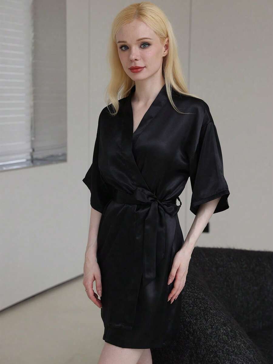 1 件 - 女士纯色优雅蕾丝风格秋冬浴袍，适合家庭睡衣，性感短袖缎面丝绸柔软睡衣，适合新娘和伴娘。