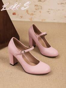 女士优雅时尚系带圆头粗跟超高跟玛丽珍鞋，搭扣设计方便穿脱，适合派对/婚礼/圣诞节/通勤/春秋季等场合，粉色高跟鞋，舒适女鞋，商务礼仪，度假，女士正装鞋 - 粉色 - 查看 5