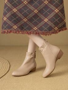 Women's Round Toe Apricot Short Boots & Ankle Boots, Wedge Heel With Ruffle Trim, Elegant Mother Boots Women's Black Side Zipper Boots - Apricot - View 3