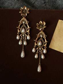 2pcs Vintage French Style Silver Needle Flower Pearl Teardrop Tassel Earrings, Medieval Retro Palace Style Earrings, Lightweight Luxurious Earrings, Women's Daily Party Accessories, Fashion Jewelry, Best Friend Gift - Multicolor - View 15