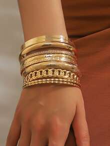 Set de 10 piezas de pulseras minimalistas vintage para mujer, pulseras de cadena dorada en capas, combinación de moda adecuada para uso diario - Amarillo Oro - Ver 1