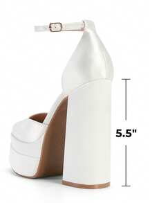 Women High Chunky Platform Closed Toe Block Heels Square Toe Ankle Strap Dress Wedding Party Festival Prom Pumps Shoes - WHITE-SATIN - 查看 7