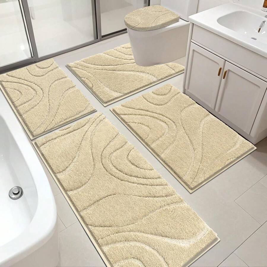 Pauwer Bathroom Rugs Sets 5 Piece With Lid Cover Bathroom Shower Rugs With U-Shaped Contour Toilet Mat Absorbent Microfiber Plush Bath Mats Non Slip Bath Rugs Machine Washable Bathroom Floor Mats - Đường màu be - Xem 1