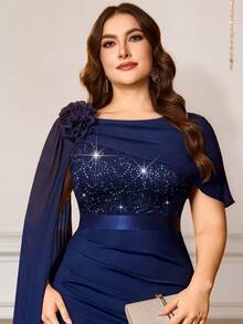 Đầm maxi dáng đuôi cá xếp ly 3D bằng chiffon đính sequin và ren hoa, tay áo dài, thích hợp cho khách dự đám cưới, dạ hội, sinh nhật, lễ hội, tốt nghiệp và các dịp lễ tết. - Màu xanh hải quân - Xem 8