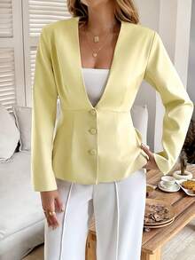 Look Polly Women's Casual And Elegant Old Money Style Butter Yellow Front Single Breasted Semi Formal Suit Jacket Jacket Chic Evening Dress New Year Look
