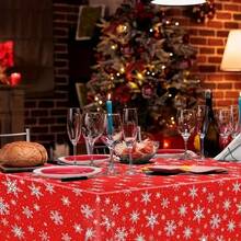 Christmas Tablecloth, Red Snowflakes, Holiday Party Supplies, Party Supplies, New Year's Day, Disposable Rectangular Tablecloth - Red Snowflakes - View 3