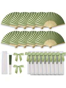 3/15/30pcs Set, Summer Green Series Wedding Gift Fan Set, Ladies Folding Fan, Green Series Bowknot, Transparent Sandbag, Wedding Party Decoration. Suitable For Bridal Gift Parties, Birthday Party Favors, Bridesmaid Group Photo Props, Summer Fans, Event And Party Supplies, Multi-Item Party Gift Bags
