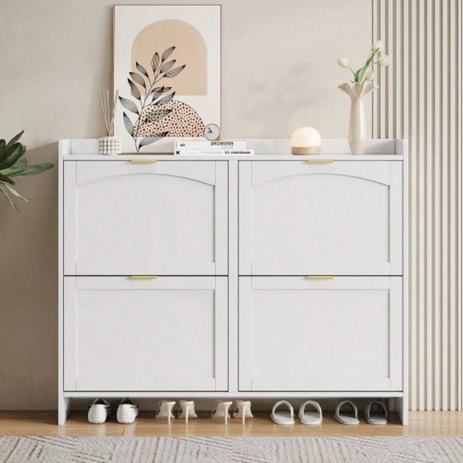 Modern Shoe Rack With 4 Fold-Out Compartments, Free-Standing Shoe Rack, Open Shelves, Suitable For Entryway Or Hallway, White, Dimensions: W. 110/H. 90/D. 24 Cm - 白色 - 查看 1