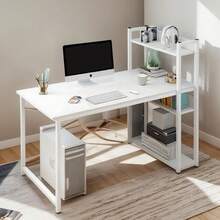 Escritorio para Computadora con Repisas de Librero, Escritorios Gamer Minimalista Moderno, Mesa de Trabajo Madera, Ideal para Sala Hogar Oficina Estudio Recamara 110 X 50 (Blanco) - Negro - Ver 5