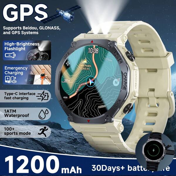 Reloj inteligente GPS real para exteriores, batería de larga duración de 1200mAh, linterna súper brillante, resistente al agua hasta 10 metros, carga de emergencia, pantalla grande de 1.39 pulgadas, recepción de mensajes, respuesta de llamadas, control de música, recopilación de datos deportivos, podómetro, adecuado para hombres y mujeres
