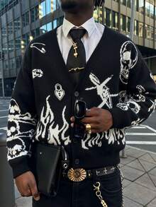 Unisex Retro Dark Style Patterned Long Sleeve Button-Up Knit Cardigan Sweater, Suitable For Spring, Autumn, Winter, European And Asian Fashion