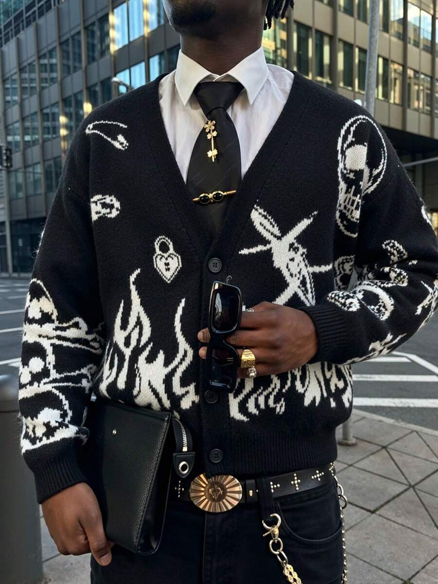 Unisex Retro Dark Style Patterned Long Sleeve Button-Up Knit Cardigan Sweater, Suitable For Spring, Autumn, Winter, European And Asian Fashion