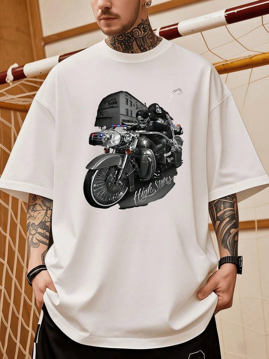 A Rebellious Motorcyclist In Front Of A Bank Symbolizes Freedom And The Courage To Face Risks, Showcasing A Powerful Connection Between Strength, Speed, And Individual Challenge In A Modern Urban Setting. Men's T-Shirt, 220g - White - View 1