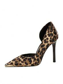 性感豹纹高跟鞋，尖头金属装饰侧镂空细高跟，百搭正式派对女鞋 - 豹紋 - 查看 16