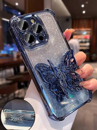 Luxury Electroplated Blue Phone Case With Creative Butterfly Stand, Decorated With Shiny Rhinestones, Showcasing Y2K Style, Shockproof And Scratch-Resistant, New Summer Silicone Soft Protective Cover For IPhone 16/16E/15/14/13/12/11/X/XS/XR/8/7 Plus/Pro/Max/Mini, Galaxy S24/S25 Ultra, Redmi, Honor, OPPO Reno, MOTO Infinix, Unisex 2025