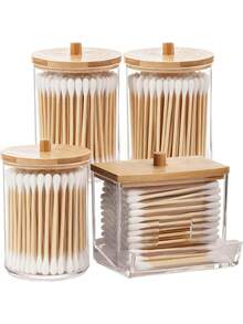 4-Piece Makeup Storage Rack, Bathroom Cosmetics Organizer, Vanity Storage Jars, Dispensing Rack With Bamboo Lid For Girls' Bathroom And Dressing Table, Makeup Room Decor,Makeup Bag,Travel Essential - Multicolor - View 2