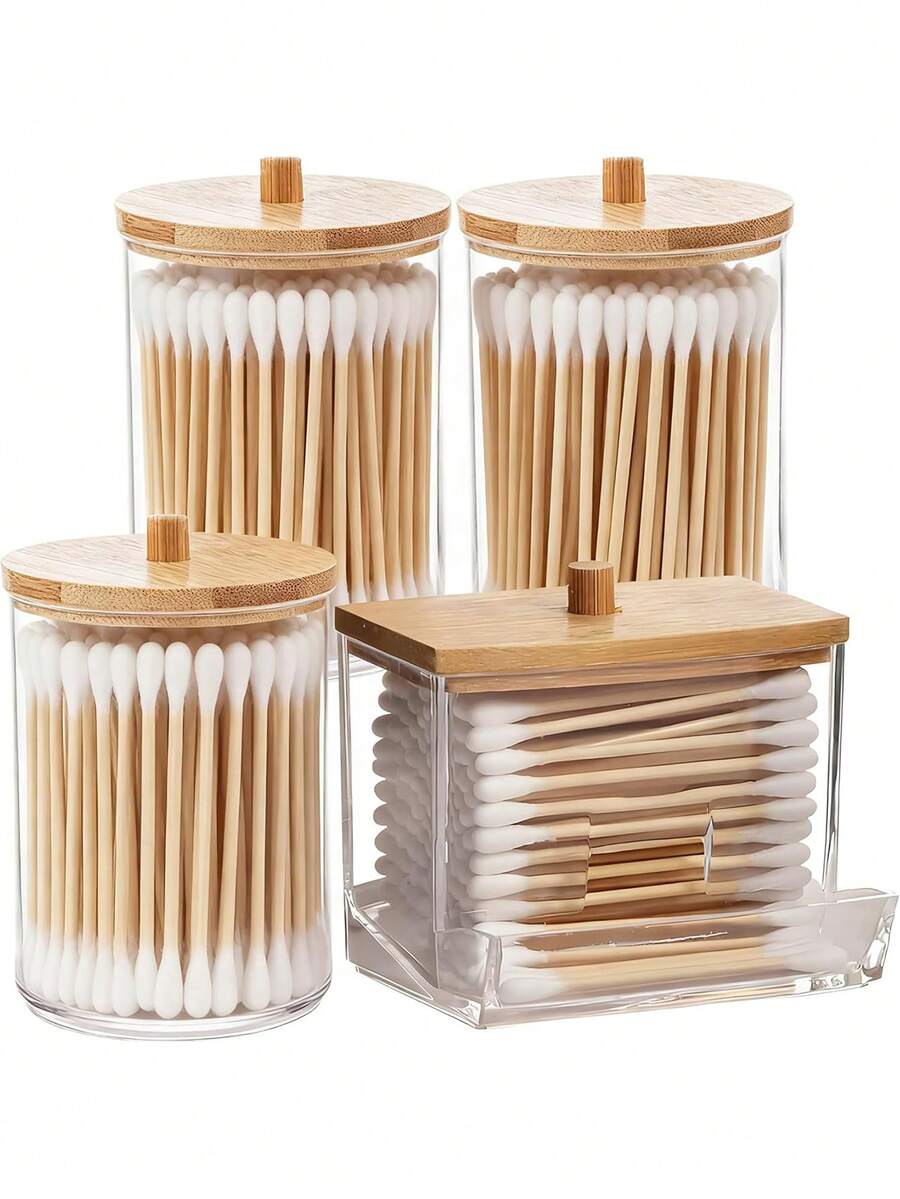 4-Piece Makeup Storage Rack, Bathroom Cosmetics Organizer, Vanity Storage Jars, Dispensing Rack With Bamboo Lid For Girls' Bathroom And Dressing Table, Makeup Room Decor,Makeup Bag,Travel Essential