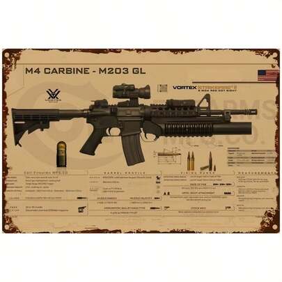 Vintage American Battle Rifle M4 Metal Sign - 8x12 Inch Gun Print Poster For Man Cave, Bar, Pub, Garage Wall Decor