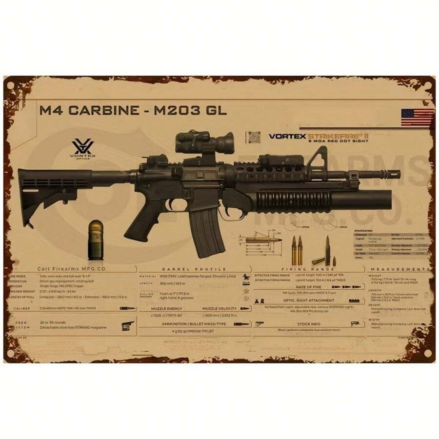 复古美国战斗步枪 M4 金属标牌 - 8x12 英寸枪支印刷海报，适用于男人窝、酒吧、酒馆、车库墙壁装饰 - 彩色 - 查看 1