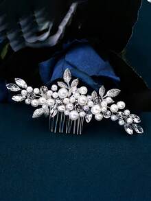 1pc Elegant & Delicate White Faux Pearl Bride Hair Comb Headpiece, Alloy Leaf Wedding Hair Accessory, Suitable For Wedding, Party, Christmas Gift