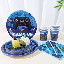 168pcs Blue Game On Theme Party Supplies Kit For 24 Guests, Video Gaming Birthday Disposable Tableware Set, Console Controller Decorations, Includes Plates Cups Napkins Forks Straws - Multicolor - View 2