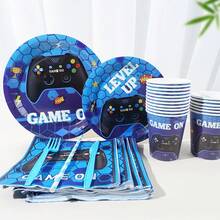 168pcs Blue Game On Theme Party Supplies Kit For 24 Guests, Video Gaming Birthday Disposable Tableware Set, Console Controller Decorations, Includes Plates Cups Napkins Forks Straws - Multicolor - View 5