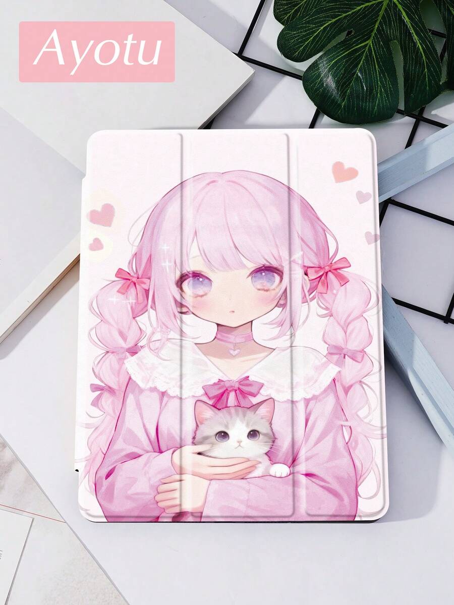 Ayotu 1 Pc An Anime Girl Holding A Cat Tablet Case & Kindle E-Book Case Compatible With Pad 10th Generation, Pad 10.2/Mini6/Mini7/9.7 Inches, Compatible With Samsung Galaxy Tab A9 Plus, Kindle (11th Generation-2024 Release)(6 Inch), Kindle Paperwhite 12th Gen 2024, Great Holiday Gift, Stylish And Simple Pattern.