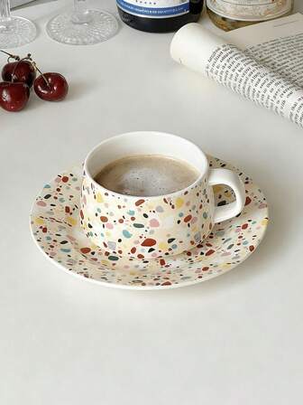 1件套复古彩色波点陶瓷杯碟套装，可爱时尚咖啡杯、拿铁杯、高端早餐杯、马克杯，适用于高级咖啡馆和酒店装饰