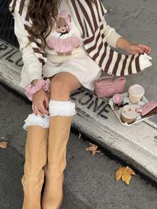 Women's Crew Neck Teddy Bear Print Long Sleeve Pullover Sweater, White, Collegiate Style Top - White - View 2