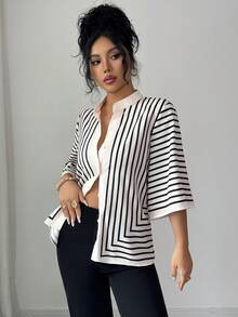 Blusas a rayas casuales, elegantes y diarias con botones delanteros, adecuadas para usar en casa, brunch, primavera, verano y el Día de San Valentín - Multicolor - Ver 2