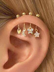 1只925纯银迷你星星/月亮/花朵/蝴蝶/心形竖款耳钉，低过敏性金属扁平耳骨耳钉，男女通用日常佩戴（单只出售） - 彩色 - 查看 1