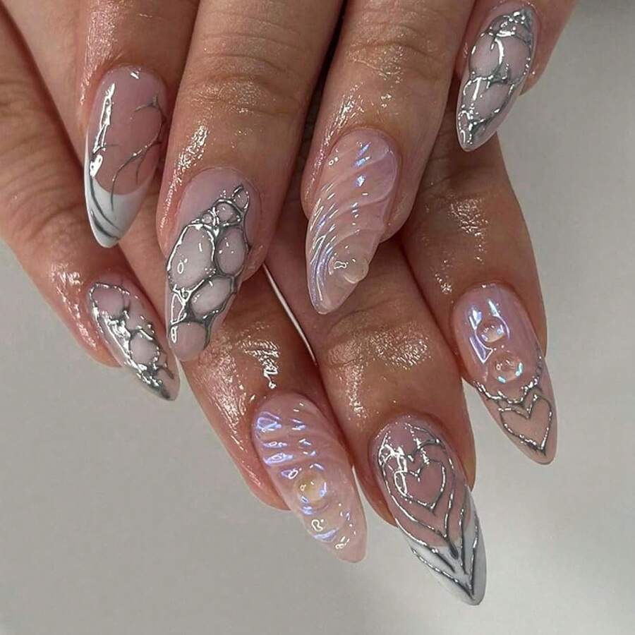 French Fake Nails Medium Silver Press On Stiletto Nails Full Cover Heart Acrylic Fake Nails For Women And FFgirls 24PCS{Inchcolor_nameinch:InchColor6inch} - 顏色6 - 查看 1