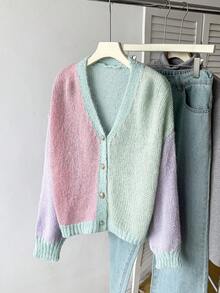 Plus Size Women Color Block Cardigan Sweater, Short Buttoned Contrast Stitching Design Knit Top, Casual Long Sleeve Ribbed Trim Crew Neck Pullover - Lilac Purple - View 3