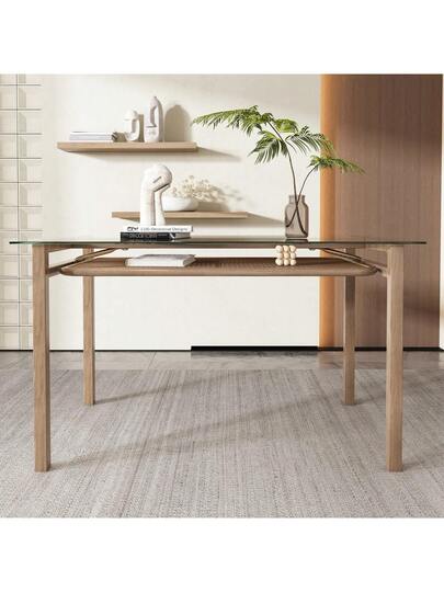 Dining Tafel Storage, 110*65*74, Tempered Glass Top, Rattan Moderne Table, Rectangular Leisure Coffee Beige view 8