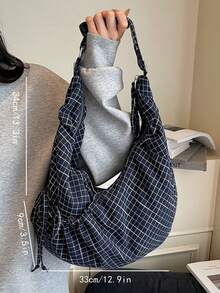 Fashionable Niche Design High-Quality Plaid Drawstring Dumpling Bag, Versatile Daily Commute Shoulder Crossbody Bag - Blue - View 7