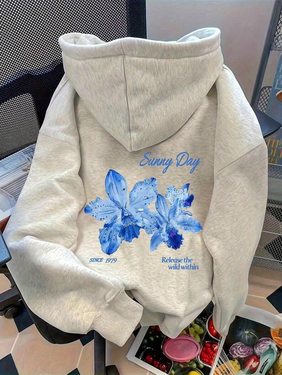 1pc Unisex Floral Printed Loose Fit Oversized Hoodie, Women Casual Long Sleeve Pullover Sweatshirt For Autumn/Winter Sudaderas Para Mujer,Valentine Outfits For Women - Light Grey 2 - View 1