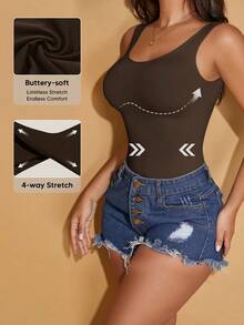 女士圆领无缝修身运动吊带背心，休闲夏季款 - 咖啡棕 - 查看 2