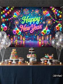 1 pezzo Striscione di sfondo fluorescente per Felice Anno Nuovo, stile palloncino con fuochi d'artificio per Felice Anno Nuovo, in poliestere, bandiera appesa, sfondo per celebrazioni, feste in casa, eventi familiari, photobooth, decorazioni per pareti, regali di Capodanno, decorazioni per giardini e cortili, decorazioni per feste, accessori per photobooth, decorazioni per il 2026