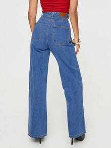 时尚复古高腰直筒牛仔裤，女士休闲裤（不含腰带），春夏款 - 中藍色 - 查看 2