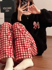 两件套蝴蝶结刺绣女士睡衣套装，格子印花法兰绒长袖上衣和裤子，冬季睡衣 - 紅色 - 查看 3