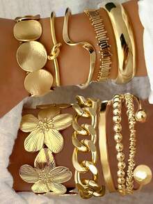 Vintage Elegant Exaggerated Wide Coin Design Random 25/20/16/12/9/6/3pcs Metal Element Bling Rhinestone Faux Pearl Flower Twist Geometric Irregular Smooth Multi-Piece Bracelet & Bangle Set, Suitable For Women & Men, Ideal For Vacation, Party, Date, Gift, Daily Wear, Holidays (Random Styles) - Yellow Gold - View 3