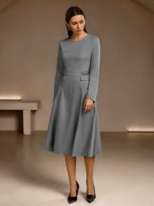 Váy dài tay trơn màu đơn giản thanh lịch dành cho nữ - Thu đông, eo chữ nhật khóa cài (thắt eo), dáng chữ A midi, viền xòe, phù hợp mặc hàng ngày, công sở và dự lễ tốt nghiệp - Màu Xám nhạt - Xem 4