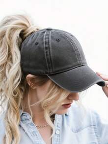 1 件男女通用水洗棒球帽，柔软帽冠百搭纯色棒球帽，休闲复古风格 - 深灰色 - 查看 2