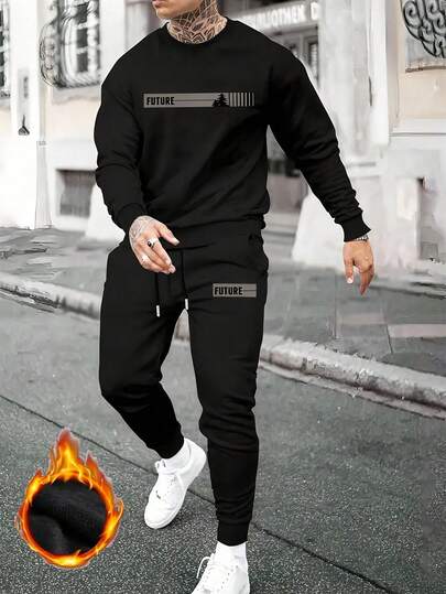 Letter Print Style ~ Autumn And Winter Thickened Fleece Round Neck Leisure Sports Sweatshirt Set, Featuring A Round Neck Top And Drawstring Pants, Very Suitable For Casual Sports ~ Street Outdoor ~ Fitness Workouts ~ Daily Home Wear, Suitable For Both Men And Women.